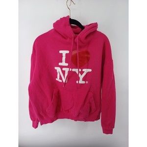 I Love NY Pullover Sweater Womens Medium Pink Hoodie Drawstring Cotton Blend